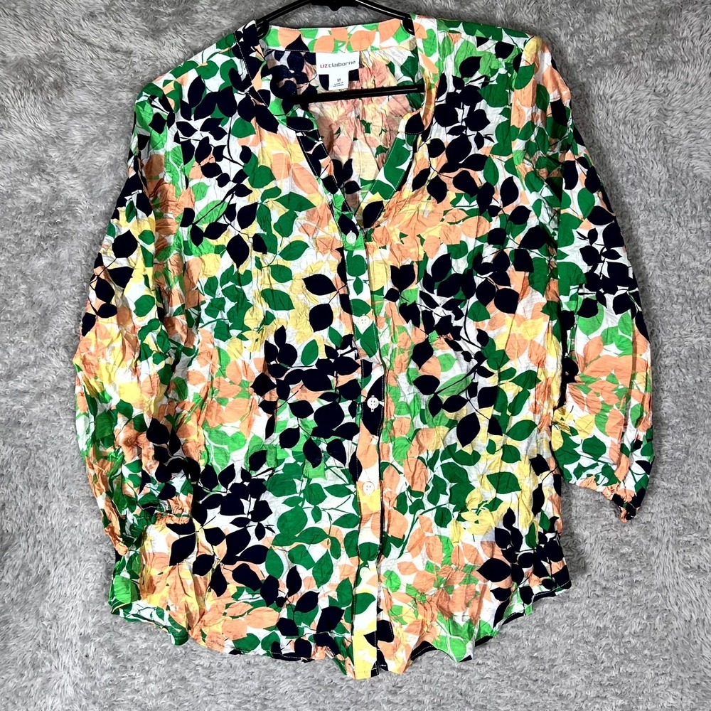 Liz Claiborne Blouse Top Womens Medium‎ Multi Botanical Leaf Print Button Front